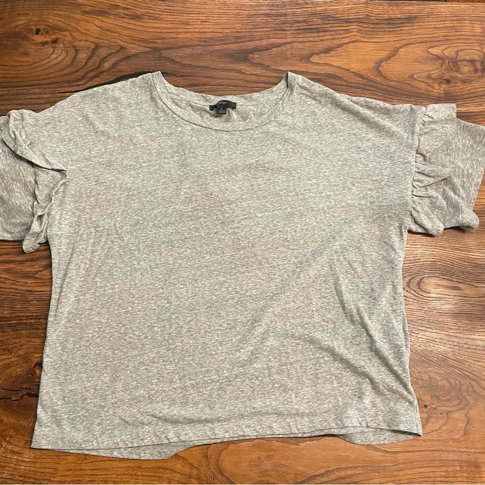J. Crew Women’s Short Sleeve Ruffle Cotton Blend Gray Top Tee T-Shirt Size Large